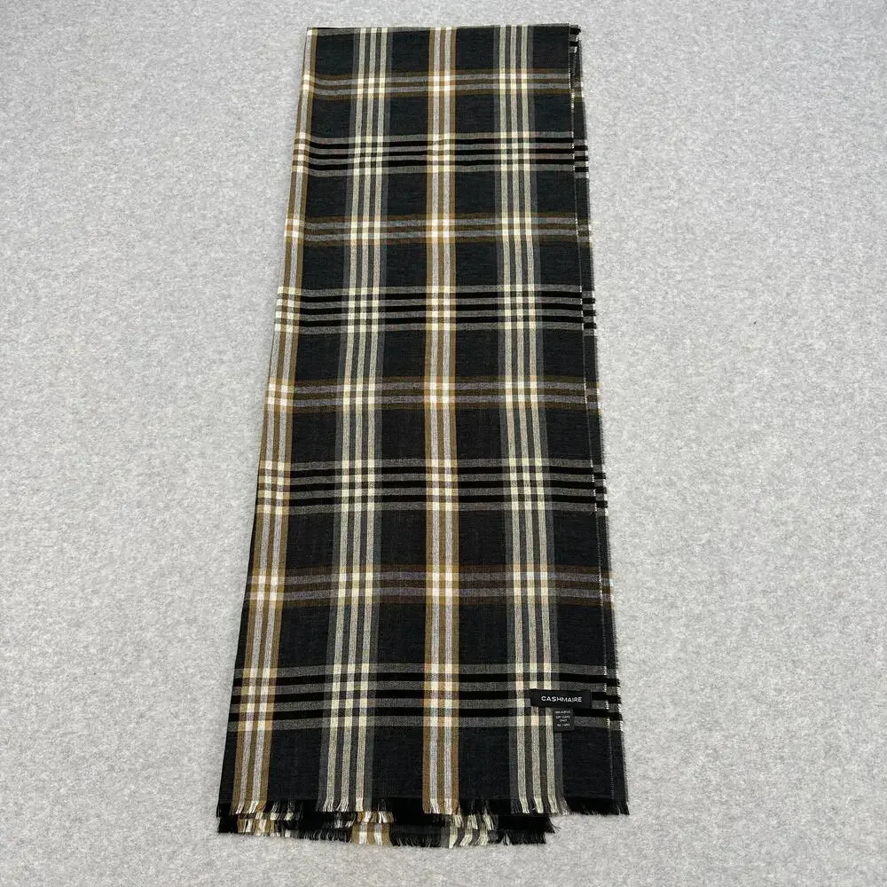 Cashmaire Scarf Black/Tan Plaid Classic Fringe Soft Cozy Wrap Preppy Minimalist